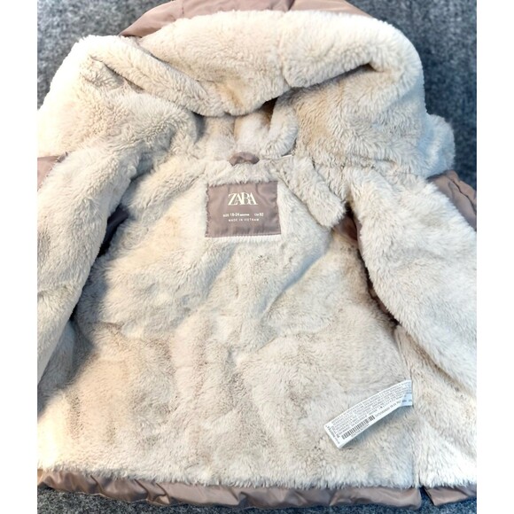 Zara Baby Girls Faux Fur Lined Padded Jacket Size 18 24M Pink Beige Cozy Winter - Picture 2 of 8